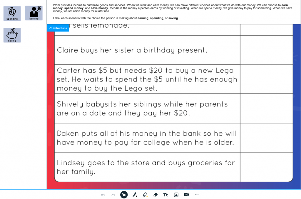 Drag and Drop activity teaching financial literacy about Earning, Spending & Saving