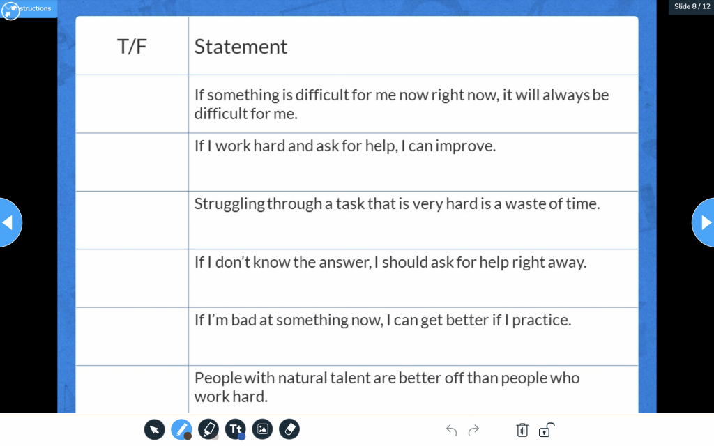 Growth Mindset Survey drawing activity for student centered learning examples