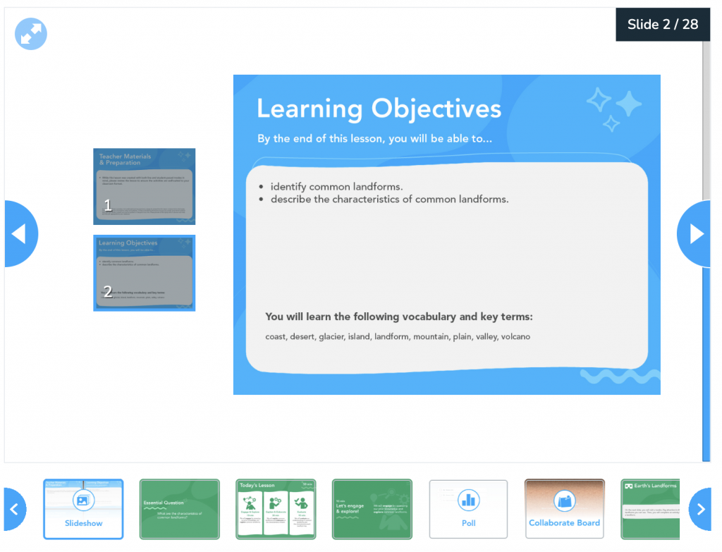 Landforms lesson slide showing learning objectives for Kindergarten