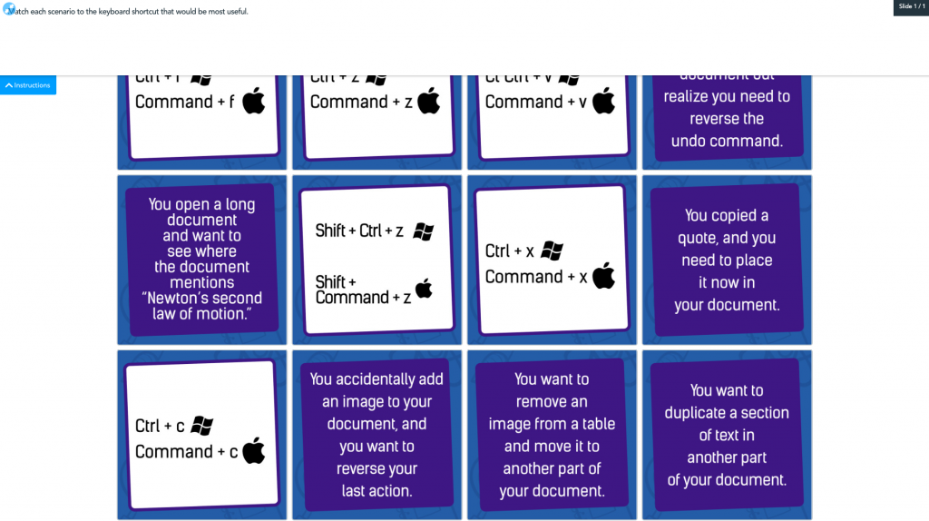 Nearpod's Keyboard Shortcuts Scenarios Matching Pairs coding activity